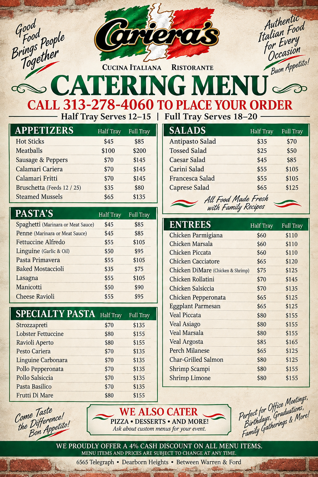 Cariera's catering menu