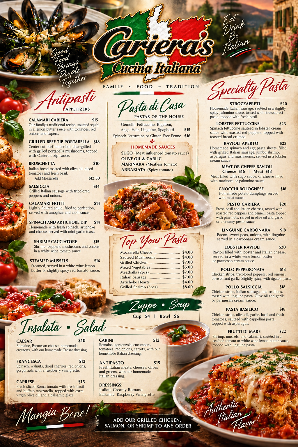 Cariera's dinner menu page one